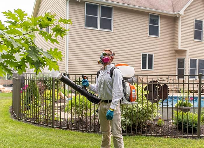 pest control tech spraying for mosquitoes and ticks in auburn maine