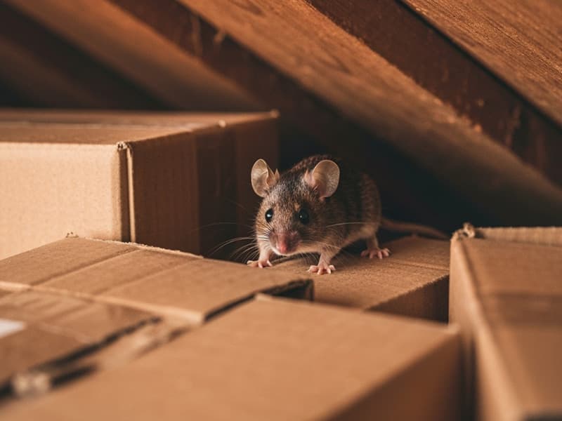 mouse on cardboard boxes in portland maine home attic