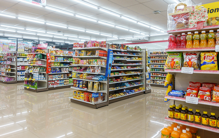 Protect Your Inventory view of aisle endcaps stocked with groceries in a california supermarket
