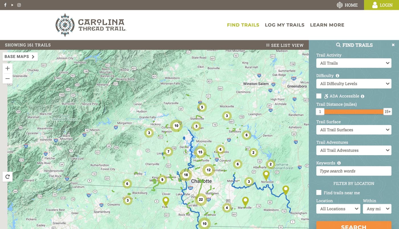 Carolina Thread Trail Map website screenshot