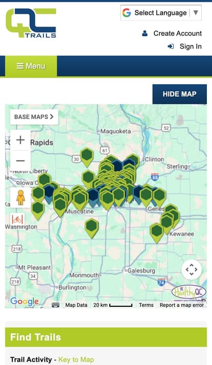 QC Trails mobile website screenshot