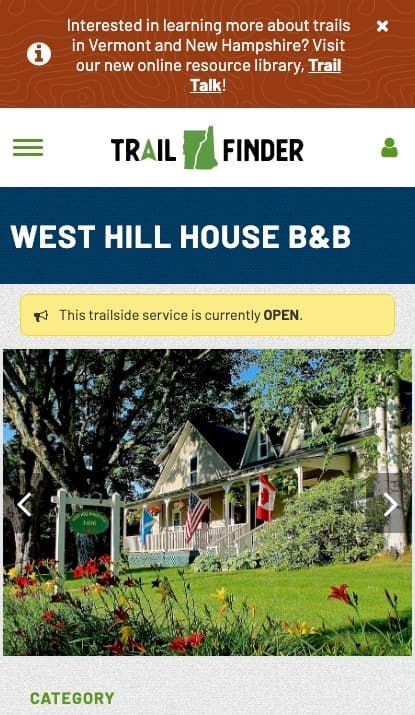 Vermont Trail Finder mobile website screenshot