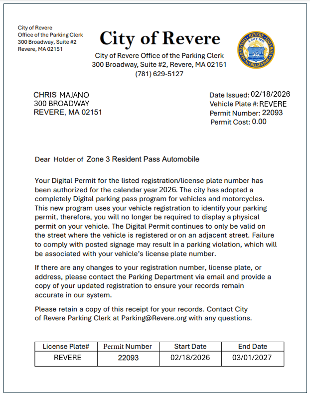 City of Revere Parking Permit