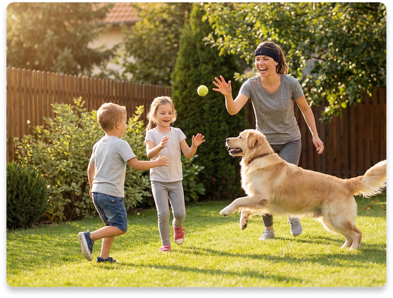 woman wearing sonu band playing in the yard with her kids and dog