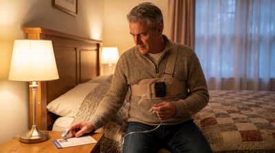 Man setting up a home sleep apnea test kit in his bedroom