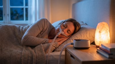Woman sleeping comfortably with a nasal pillow CPAP mask