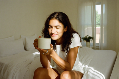 Woman waking up with morning coffee after experiencing possible sleep apnea symptoms and unrefreshing sleep