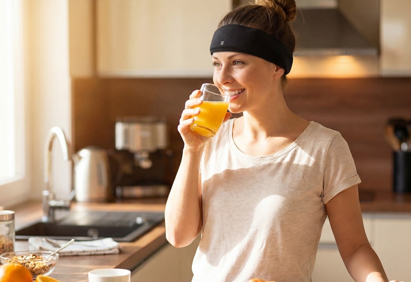woman drinking orange juice and wearing a sonu band