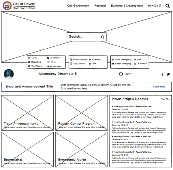 Revere home page wireframe