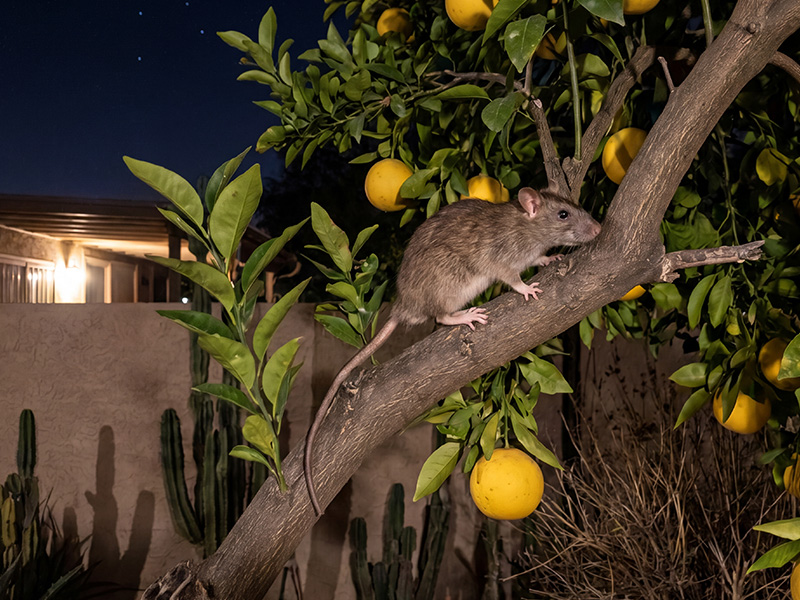 roof rat climbing citrus tree in phoenix yard