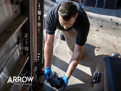 Learn More About How To Keep Rodents Out Of Your New Jersey In The Winter professional checking a rodent station outside an nj apartment complex