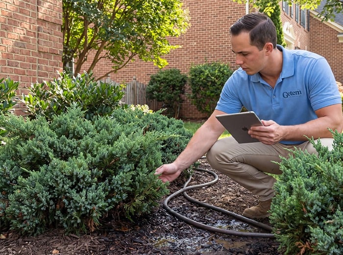 getem technician inspecting yard for pest hot spots